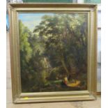 A 19th century oil on canvas, figures on a path by water and trees, 25.5ins x 21.5ins