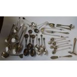 A collection of silver flatware, to include a set of six coffee spoons, a set of four trifid end