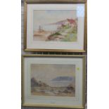 G Wynne, watercolour, view from a beach across the sea, 9.5ins x 14ins, together with another