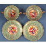 A pair of Royal Worcester twin handled bowls and saucers, decorated with flowers by E Philips, to