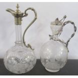 Two 19th century glass claret jugs, with silver plated mounts, both with etched decoration, one by