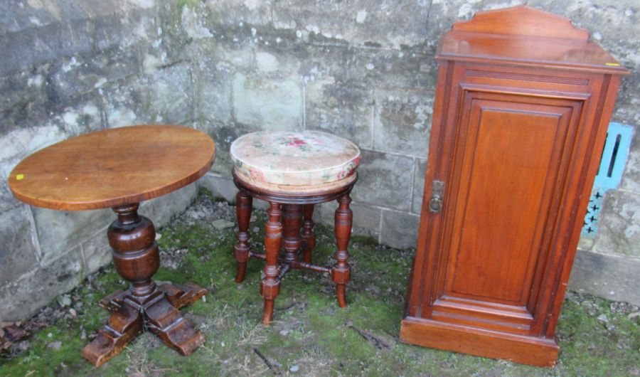 A Edwardian walnut pot cupboard, with door, together with a low oak occasional table, a piano