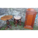 A Edwardian walnut pot cupboard, with door, together with a low oak occasional table, a piano