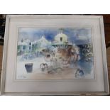K M Fryer, watercolour, lobster pots and buildings, 15.5ins x 21.5ins