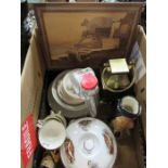 A mixed box of items, to include an inlaid picture, toby jug, Royal Worcester tea cups and saucers