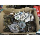A box of assorted metalware, to include Eastern style brass ware, barometer, together with some