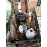 A box of sundries to include table lamps, flagon with royal crest