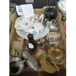 A box of sundries to include soapstone model, ink well etc