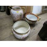 A Carlton Ware pink ground vase, together with a salad bowl and a chamber pot