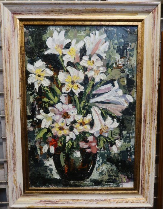 Sanjay, two oil on boards, flowers in vases, 13ins x 10ins