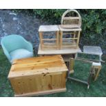 A group of furniture, to include a pine blanket box, coffee table, stools, mirror etc