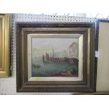 An oil on canvas, harbour scene, 9.5ins x 11.5ins