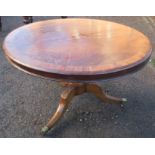 A 19th century mahogany tilt top breakfast table, the cross banded circular top raised on a carved