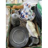 Box to include wash jug and bowl, pewter plate and plate warmers etc.