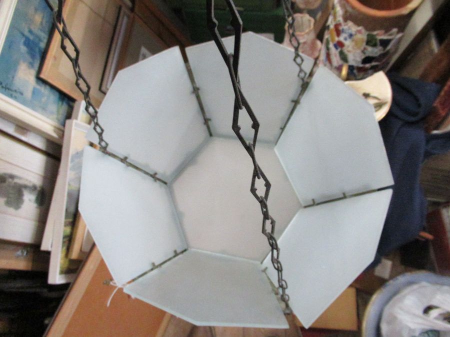 An Art Deco hexagonal brass ceiling light, having frosted glass panels with original suspension - Image 3 of 3