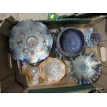 A box of carnival glass etc