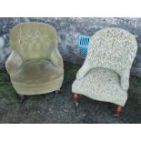 Two 19th century upholstered low nursing chairs, with spoon button backs