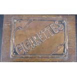 An oak rectangular box, the lid with embossed copper panel, Cigarettes, 7ins x 4.5ins, height 1.
