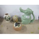 A novelty alligator tea pot, together with two Carlton Ware jam pots and a Masons vase