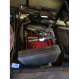 A box of sundries to include tray, dressing table set etc