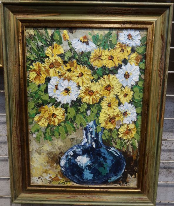 Sanjay, two oil on boards, flowers in vases, 13ins x 10ins - Image 2 of 3