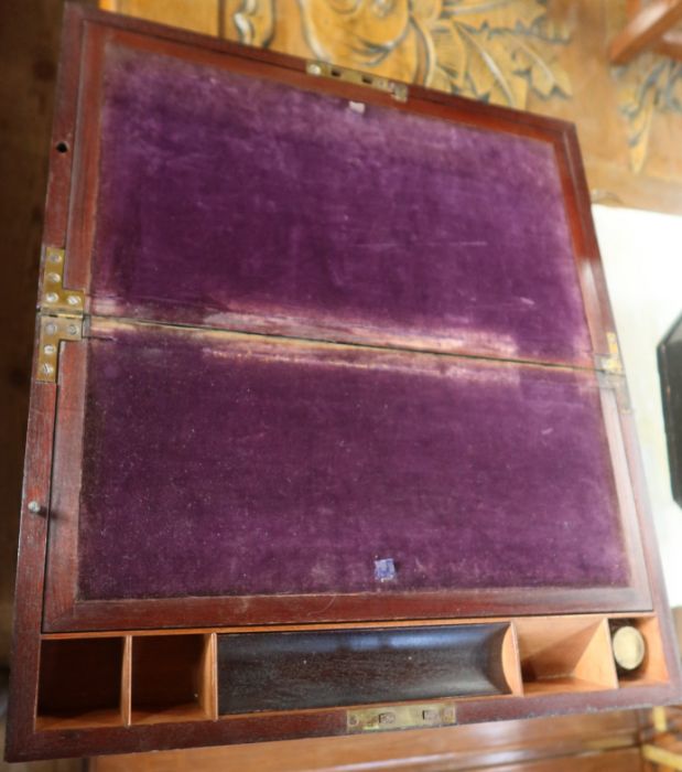 A large late 18th century Georgian mahogany writing slope, with brass flash handles and side drawer - Image 2 of 3