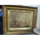 35758 An oil on board,landscape with figures gather wood, 9ins x 12ins