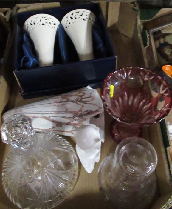 A box of mixed items, to include a china owl, a pair of modern vases, decanter etc