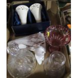 A box of mixed items, to include a china owl, a pair of modern vases, decanter etc