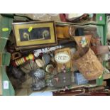 A box of sundries to include ornaments, bell etc