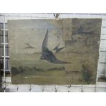 An unframed oil on canvas of swallows in flight and nesting, 8ins x 10ins