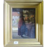 Allan Davidson, oil on board, old woman with shawl in a shop, 11ins x 8.5ins