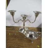 A silver plated candelabrum, together with a silver plated sauce boat