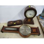An Edwardian mahogany and inlaid mantel clock, together with a similar barometer and small book