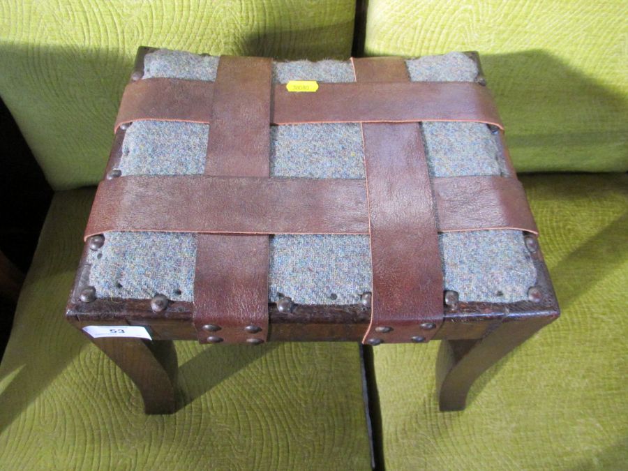 A small oak stool, with upholstered and leather band seat, 12ins x 10ins, height 10ins - Image 2 of 3