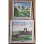 Two pastels, Tintern Abbey and Harlec Castle