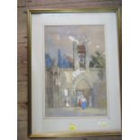 A 19th century watercolour, figures by building, 12.5ins x 8.25ins