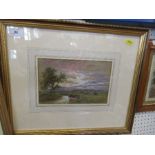 J Macpherson, watercolour, cattle watering in a wooded meadow, 6.25ins x 9.5ins