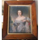 A 19th century oil on paper, portrait of a woman, 9ins x 7ins, in a rosewood frame