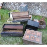 A collection of wooden and metal boxes, together with a set of metal filing drawers