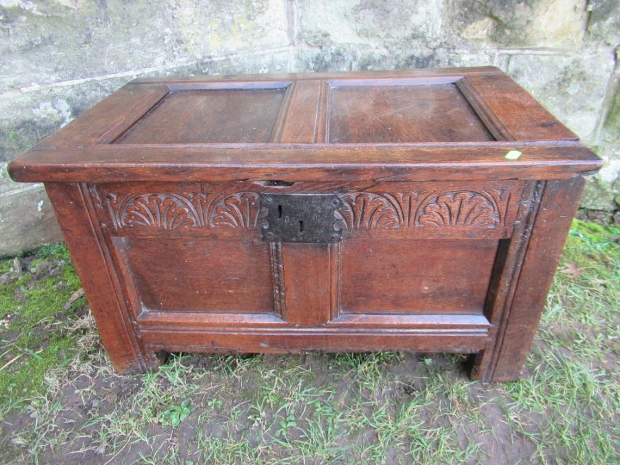 A small Antique oak coffer . width 28ins, depth 7ins, height 16ins