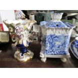 A 19th century Masons square pot pourri, printed in blue and white, with inner and outer cover,
