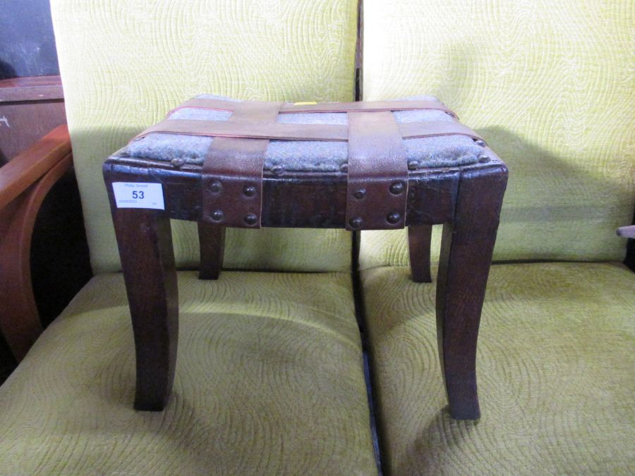 A small oak stool, with upholstered and leather band seat, 12ins x 10ins, height 10ins