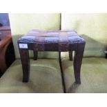 A small oak stool, with upholstered and leather band seat, 12ins x 10ins, height 10ins
