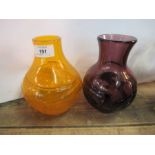 Two Whitefriars glass vases, in orange and purple - Both in good condition
