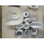 A Belleek heart shaped dish, together with various other boxes and floral encrusted ornaments