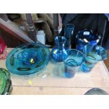 Five blue Whitefriars glass vases, together with a bowl - The tallest vase has damage round the