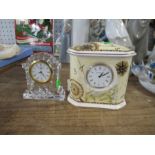 A small Waterford crystal mantel clock, together with a Wedgwood porcelain cased mantel clock