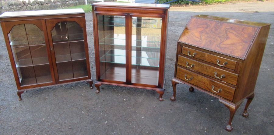 A Walnut Bureau, together with 2 cabinets, 36ins x 13ins, height 46ins and 37ins x 13ins x 42ins