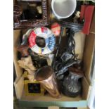 A box of sundries, to include bust, metalware etc